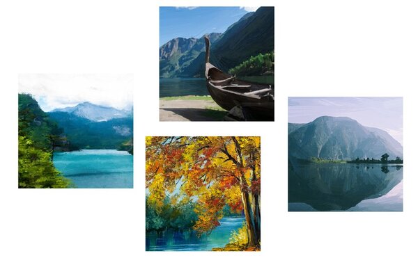 Set tablouri imitația picturii cu lacul montan