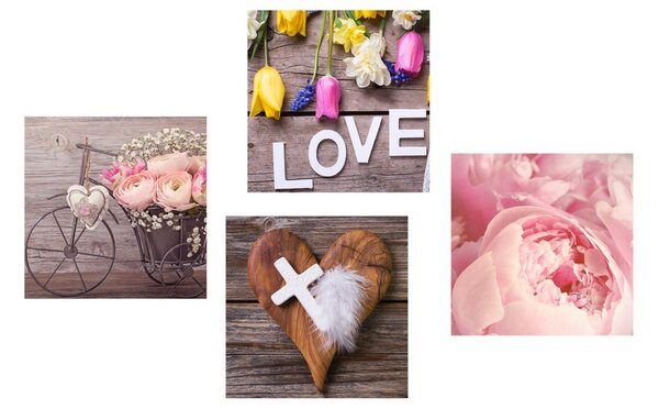 Set tablouri natura moartă a florilor cu cruce și inscripția Love