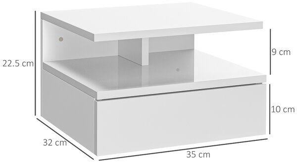 HOMCOM Set de 2 Noptiere Suspendate cu Raft Superior, Design Modern, Lemn, Alb Lucios, 35x32x22.5cm | Aosom Romania