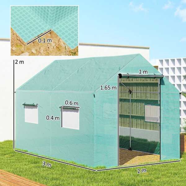 Outsunny Seră de Grădină Tip Tunel 2x3x2 m cu Uși și Ferestre Rulabile, Acoperiș Înclinat, Structură din Oțel și Acoperire PE, pentru Grădină Legume Flori Fructe, Anti-UV, Verde | Aosom Romania