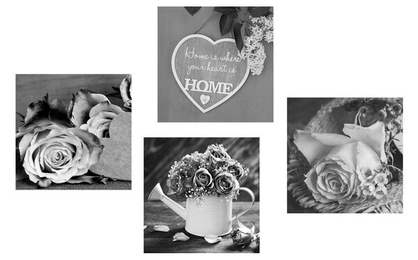 Set tablouri flori în alb-negru cu inscripție Home