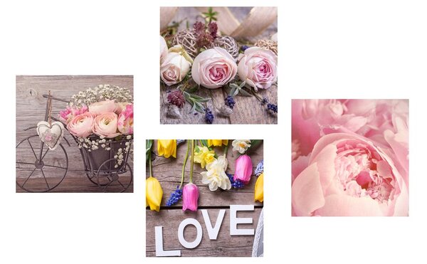 Set tablouri natura moartă florală delicată cu inscripție Love