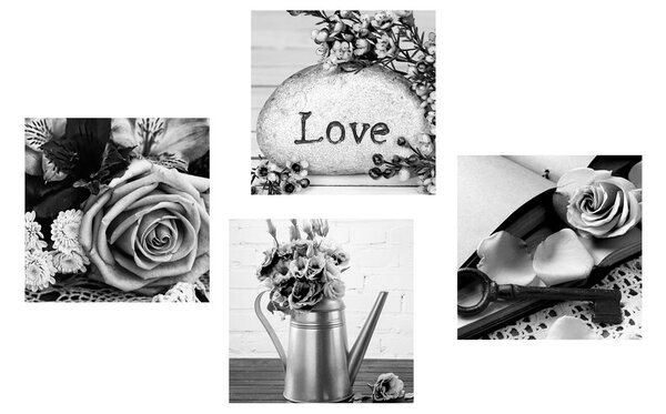 Set tablouri natura moartă vintage în alb-negru cu inscripție Love