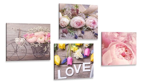 Set tablouri natura moartă florală delicată cu inscripție Love