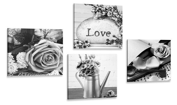 Set tablouri natura moartă vintage în alb-negru cu inscripție Love