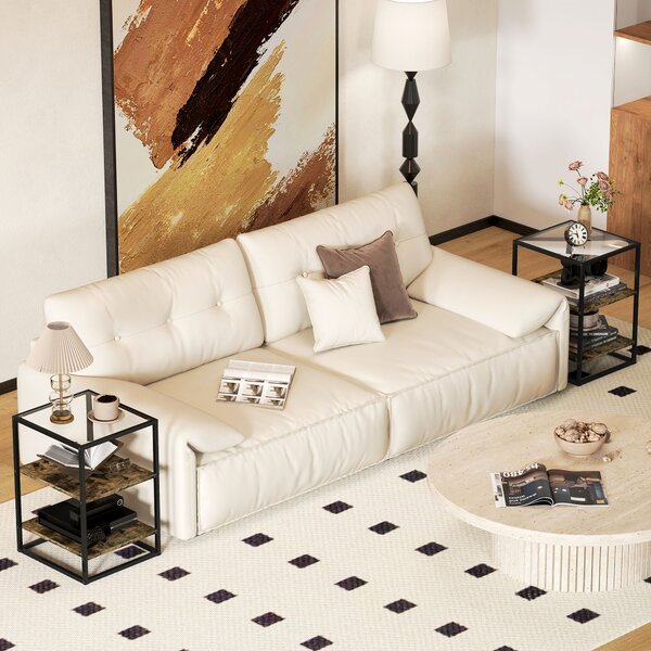 HOMCOM Set 2 Măsuțe cu 3 Niveluri și Bază Înălțată, Măsuțe din Lemn, Metal și Blat din Sticlă Călită, 37x40x55,5 cm, Maro | Aosom Romania