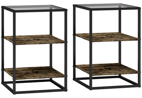 HOMCOM Set 2 Măsuțe cu 3 Niveluri și Bază Înălțată, Măsuțe din Lemn, Metal și Blat din Sticlă Călită, 37x40x55,5 cm, Maro | Aosom Romania