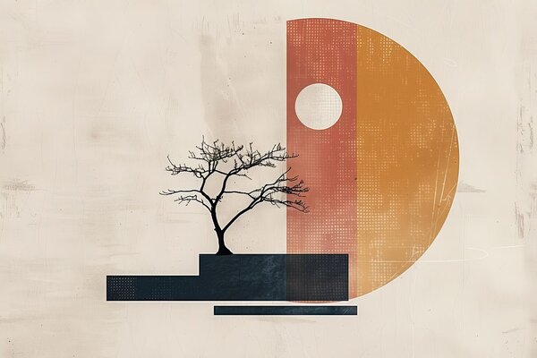 Tablou japandi copac cu elemente abstracte