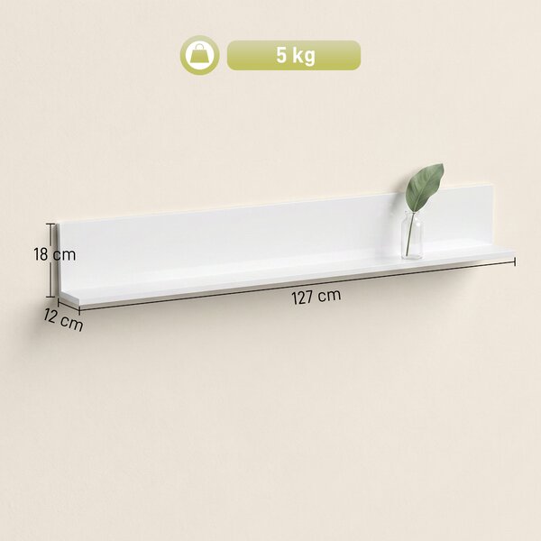 HOMCOM Etajeră de Perete pentru Living și Dormitor, Grosime 1,5 cm, Raft Suspendat din Lemn, 127x12x18 cm, Alb Lucios | Aosom Romania