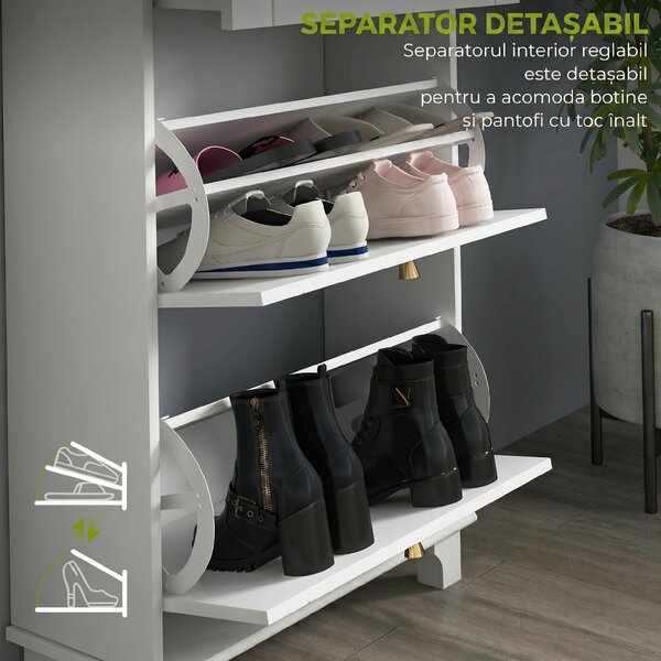 HOMCOM Dulap Pantofi Slim cu 2 Uși, Sertar, Rafturi Reglabile, 8 Perechi, MDF, PAL, 60 x 23,5 x 98,5 cm, Alb | Aosom Romania