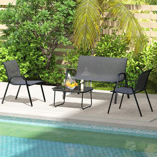 Outsunny Set Mobilier de Grădină din 4 Piese cu Canapea, 2 Scaune Stivuibile și Măsuță de Cafea, 113x66x79 cm, Negru | Aosom Romania