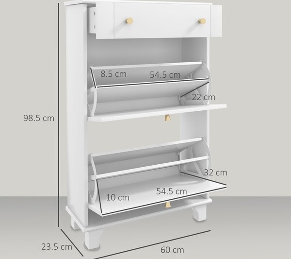 HOMCOM Dulap Pantofi Slim cu 2 Uși, Sertar, Rafturi Reglabile, 8 Perechi, MDF, PAL, 60 x 23,5 x 98,5 cm, Alb | Aosom Romania
