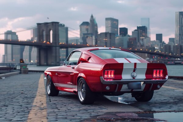 Tablou Mustang cu orizontul New York-ului