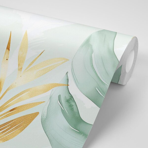 Tapet frunze pastelate verde-aurie