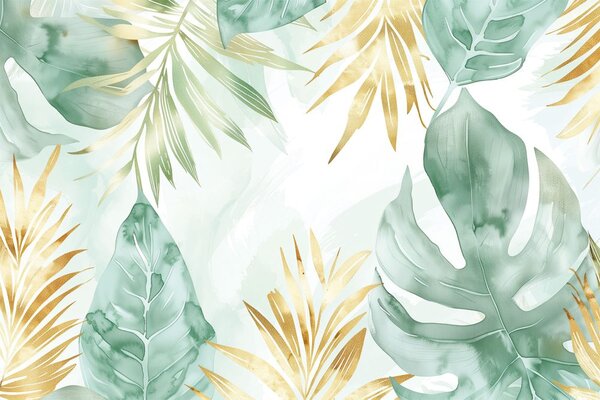 Tapet frunze pastelate verde-aurie