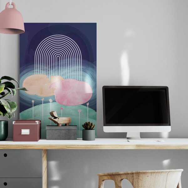 Tablou curcubeu deasupra luncii abstracte Mid-Century