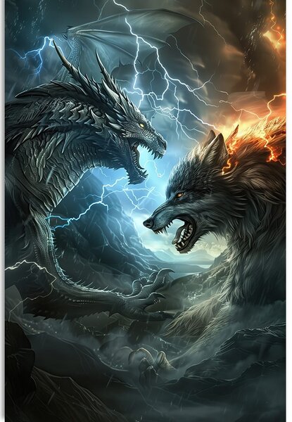 Tablou bătălie dintre dragon și lup