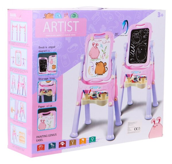 Tablă mare dublă pentru copii 3+ Roz + Tablă magnetică + Accesorii