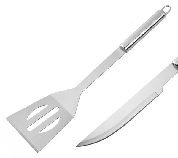 Set ustensile gratar, 9 piese, cutit, furculita, cleste, perie, otel, 800g, 38,5 x 12 x 5cm, argintiu