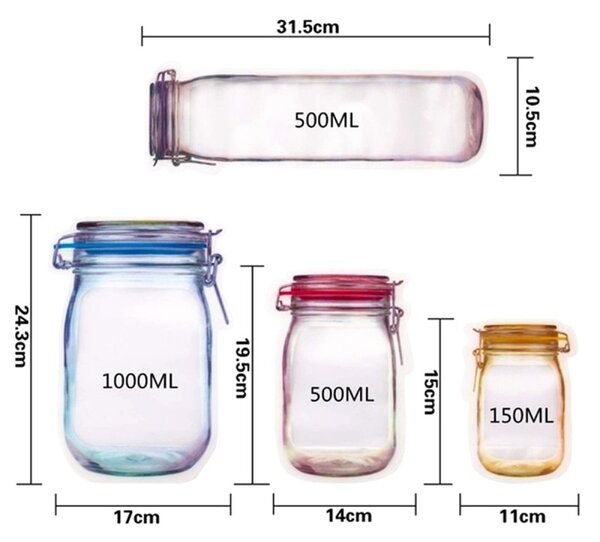 Pungi depozitare alimente, 20buc, 4 dimensiuni, plastic, multicolor