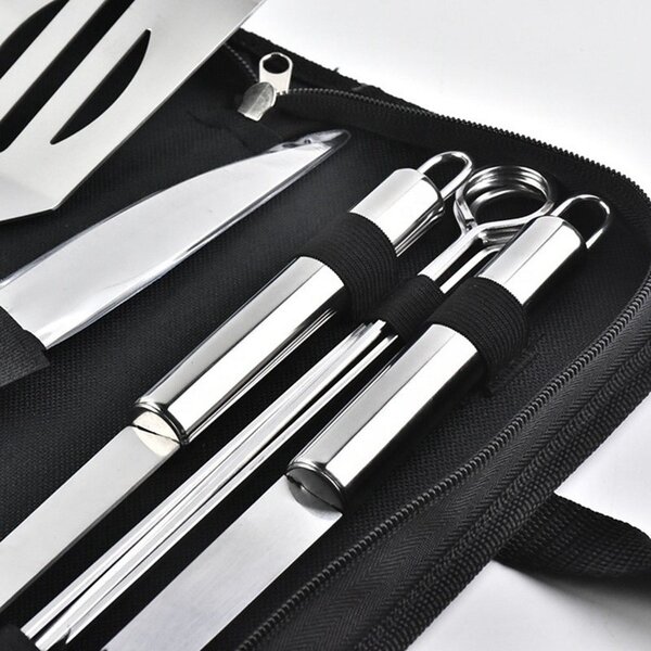 Set ustensile gratar, 9 piese, cutit, furculita, cleste, perie, otel, 800g, 38,5 x 12 x 5cm, argintiu