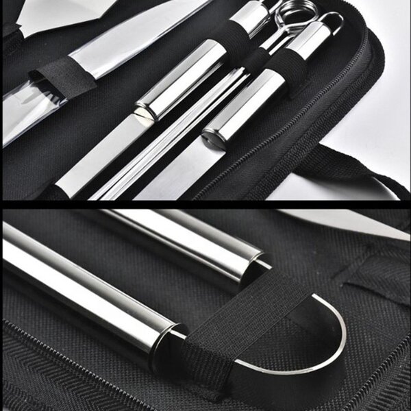 Set ustensile gratar, 9 piese, cutit, furculita, cleste, perie, otel, 800g, 38,5 x 12 x 5cm, argintiu