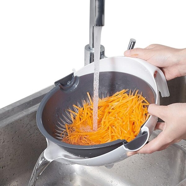 Feliator legume rotativ multifunctional, 5 lame incluse, plastic, 21 x 10,5cm, alb/gri