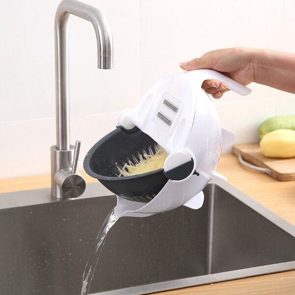 Feliator legume rotativ multifunctional, 5 lame incluse, plastic, 21 x 10,5cm, alb/gri