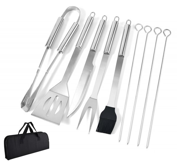 Set ustensile gratar, 9 piese, cutit, furculita, cleste, perie, otel, 800g, 38,5 x 12 x 5cm, argintiu