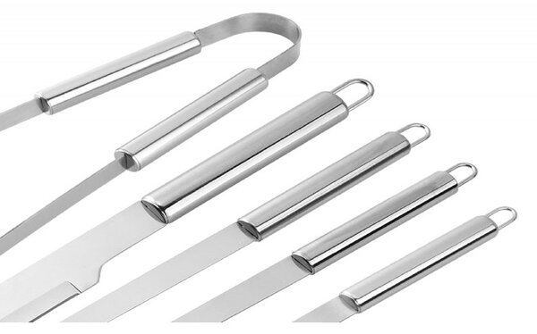 Set ustensile gratar, 9 piese, cutit, furculita, cleste, perie, otel, 800g, 38,5 x 12 x 5cm, argintiu