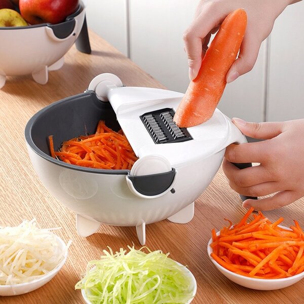 Feliator legume rotativ multifunctional, 5 lame incluse, plastic, 21 x 10,5cm, alb/gri