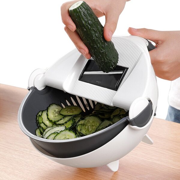Feliator legume rotativ multifunctional, 5 lame incluse, plastic, 21 x 10,5cm, alb/gri