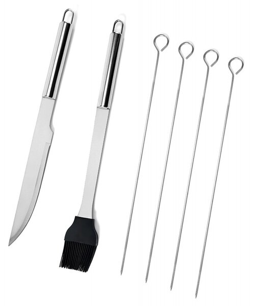 Set ustensile gratar, 9 piese, cutit, furculita, cleste, perie, otel, 800g, 38,5 x 12 x 5cm, argintiu