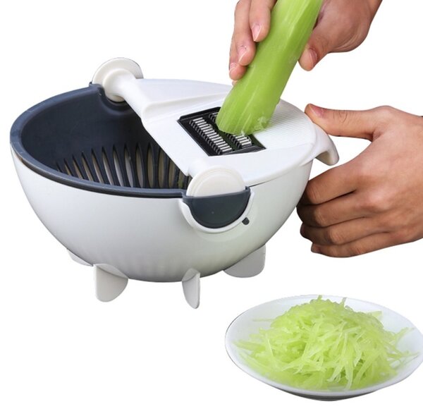 Feliator legume rotativ multifunctional, 5 lame incluse, plastic, 21 x 10,5cm, alb/gri