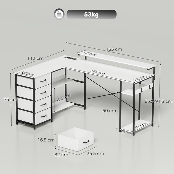 HOMCOM Birou de Colț în L, 155 cm, Reversibil, 4 Sertare Textile, Prize de Curent | Aosom Romania