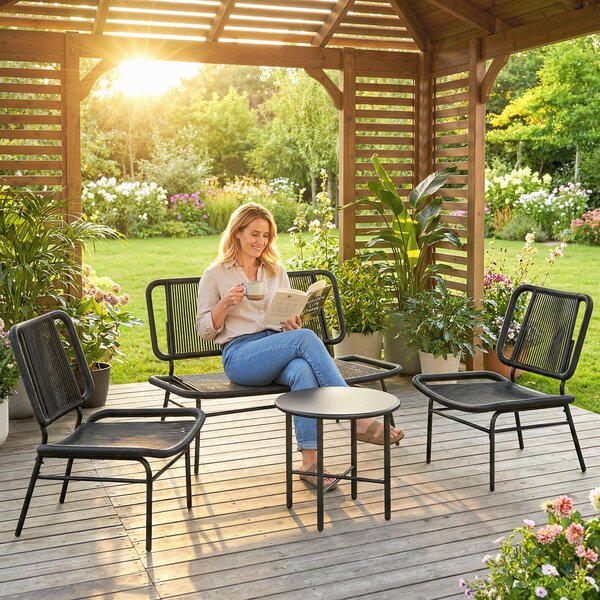 Outsunny Set Mobilier Grădină Ratan 4 Piese, Canapea pentru Exterior cu Măsuță Metalică, Negru | Aosom Romania