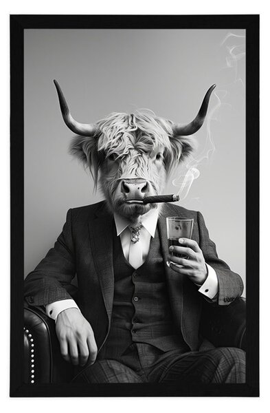 Poster vacă în costum cu țigară și whisky