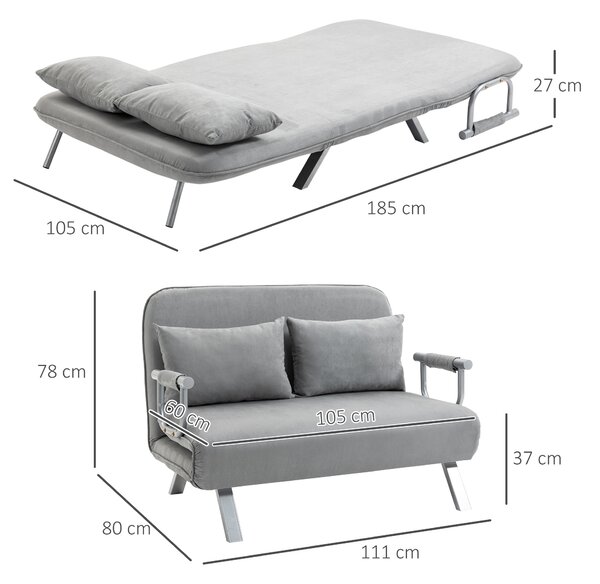 HOMCOM Canapea Pat de 2 Locuri cu Spătar Reglabil pe 5 Nivele, Canapea Pat Pliabilă cu 2 Perne, 105x80x78 cm, Gri Deschis | Aosom Romania