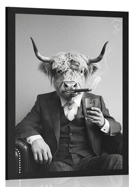 Poster vacă în costum cu țigară și whisky