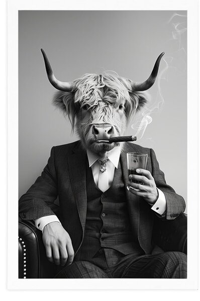 Poster vacă în costum cu țigară și whisky