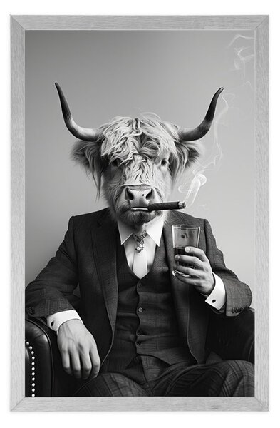 Poster vacă în costum cu țigară și whisky