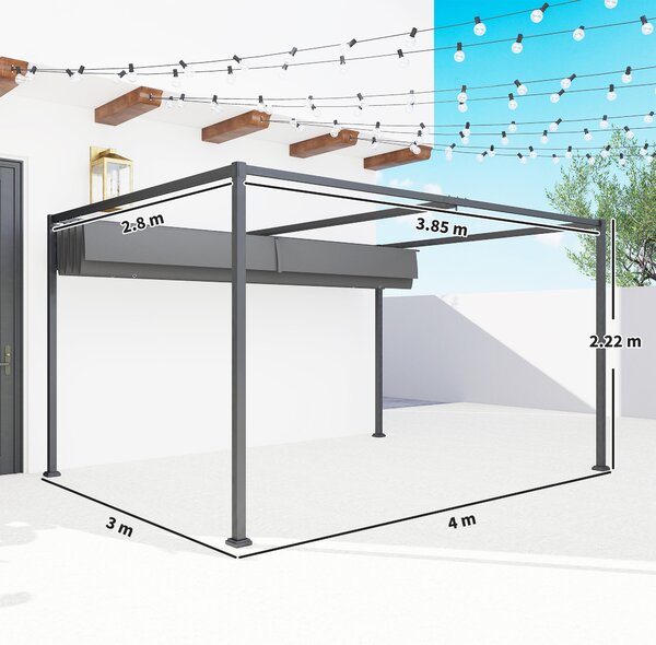 Outsunny Pergolă Gazebo 4x3 m cu Acoperiș Retractabil, Orificii de Drenaj, Țepușe și Șuruburi, Pergolă pentru Grădină din Poliester și Metal, Gri Închis | Aosom Romania