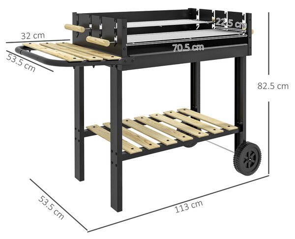 Outsunny Gratar Barbecue Carucior cu Carbune cu Grilaj Dublu Reglabil, Masa Laterala, Raft de Depozitare si Roti, pentru Gatit in Aer Liber