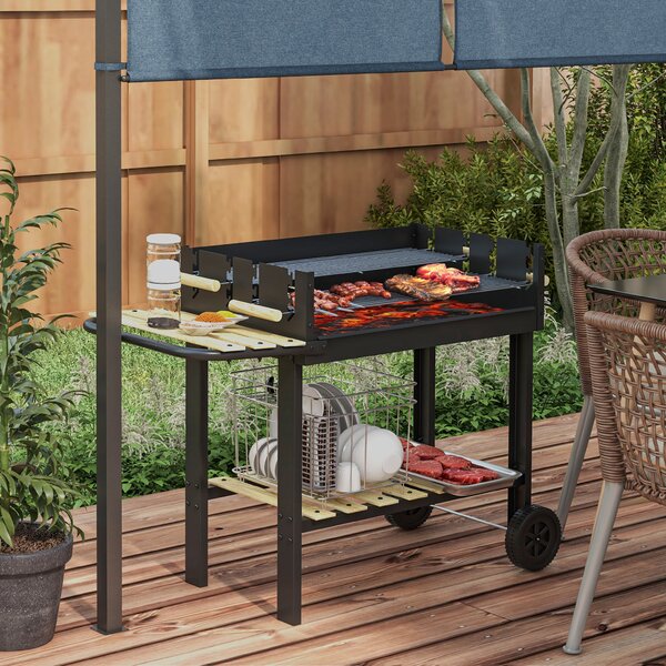 Outsunny Gratar Barbecue Carucior cu Carbune cu Grilaj Dublu Reglabil, Masa Laterala, Raft de Depozitare si Roti, pentru Gatit in Aer Liber