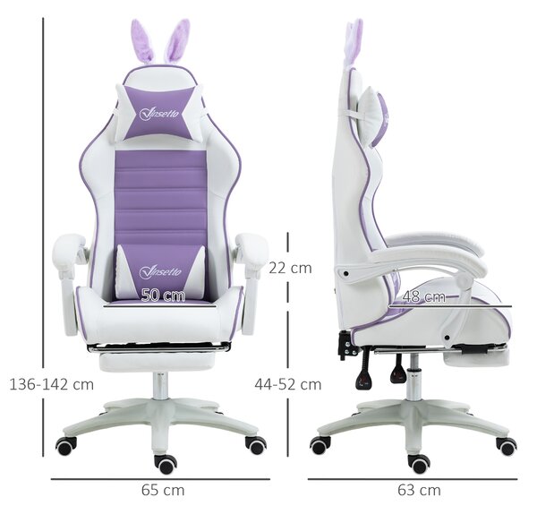 Vinsetto Scaun Gaming cu Urechi de Iepuraș, Suport pentru Picioare, Perne, Reglabil și Reclinabil, Mov | Aosom Romania