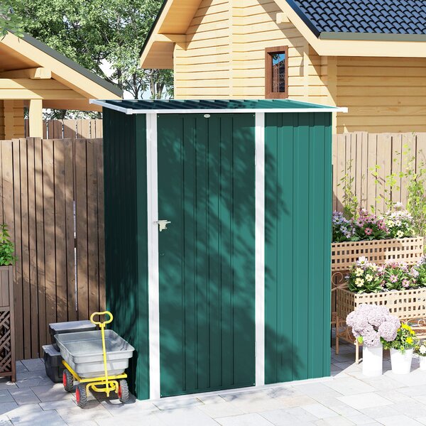 Outsunny Magazie de Grădină 1.07m² din Oțel Zincat, Căsuță pentru Depozitare cu Ușă Blocabilă, Acoperiș Înclinat, 142x86x189 cm, Verde | Aosom Romania