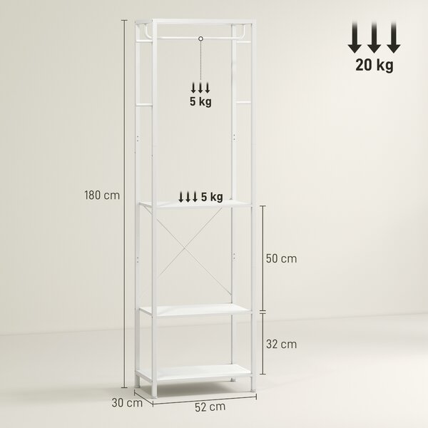 HOMCOM Cuiere de Intrare cu Suport pentru Încălțăminte, Bară pentru Haine, 4 Cârlige, Raft Superior și 2 Rafturi pentru Încălțăminte, 52x30x180 cm, Alb | Aosom Romania