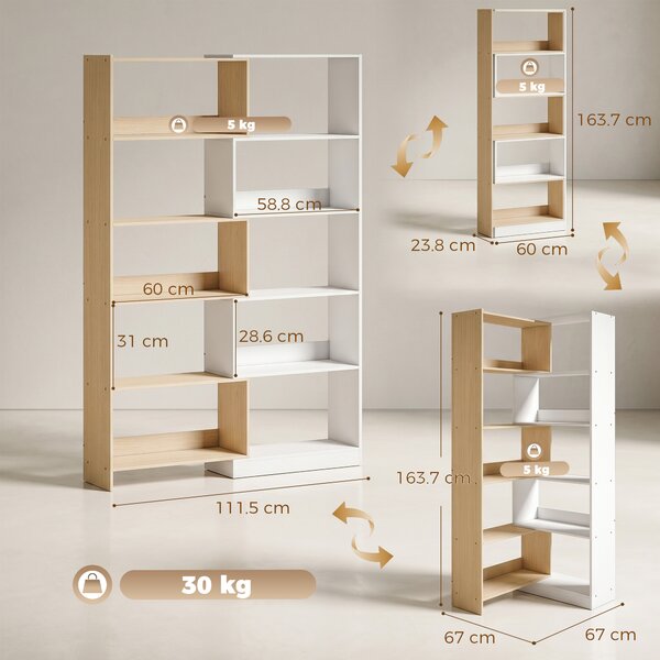 HOMCOM Bibliotecă de Colț cu 5 Polițe, Design Rotativ 350°, Lemn/Alb | Aosom Romania
