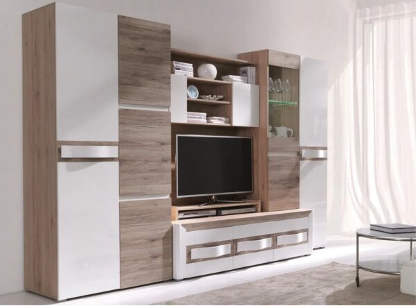 Living Passionata, Stejar & Alb lucios, 6 piese, PAL si MDF