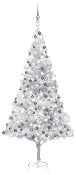 Brad Crăciun pre-iluminat cu set globuri, argintiu, 210 cm, PET